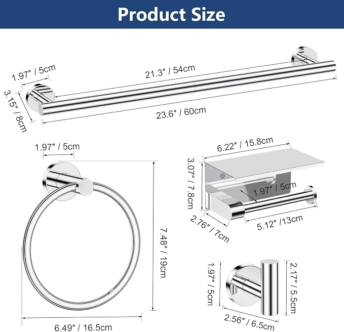 TQKAG 5 Piece Bathroom Towel Bar Holder Sets Polished Chrome Bathroom Hardware - Image 7