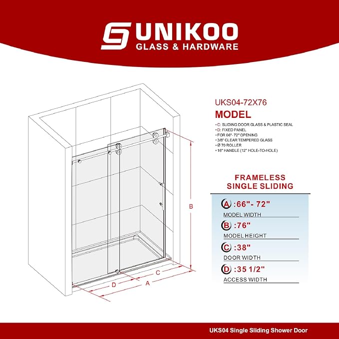 66-72 Inch x 76 Inch Sliding Frameless Shower Door, 3/8" Tempered Glass - Image 2