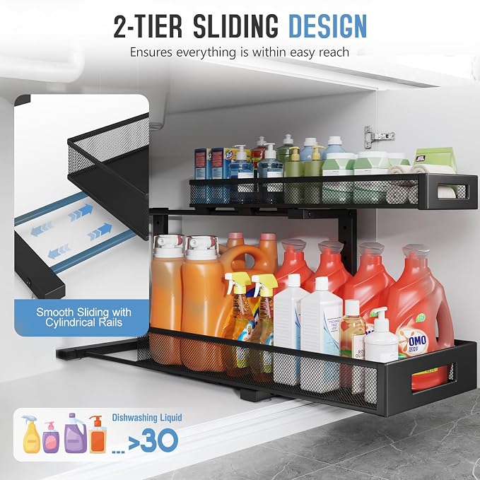 2 Pack 20.47IN Depth Under Sink Storage Organizer, Large 2-Tier Elegant Mesh - Image 4