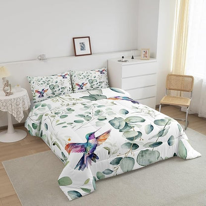 Erosebridal Cartoon Hummingbird Full Comforter Set Toddler Wildlife Bird Bedding Set Full, Plant Bedding Comforter Sets Eucalyptus Leaf Duvet Set, Jungle Animal Theme Quilted Comforter Kids Room Decor