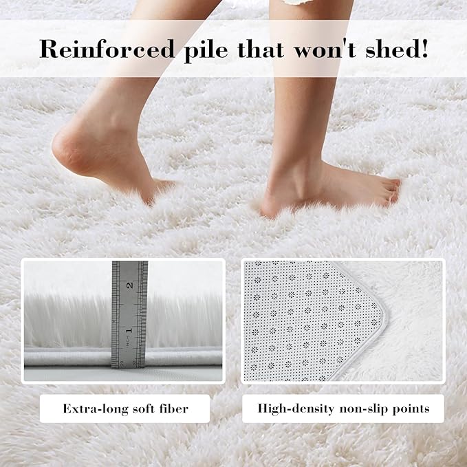 Fluffy Rug Shaggy Area Rug, White 8x10 Area Rugs for Living Room, Large Shag Area Rugs for Bedroom Kids Room Home Decor, Upgrade Anti-Skid Rectangular Fuzzy Rugs