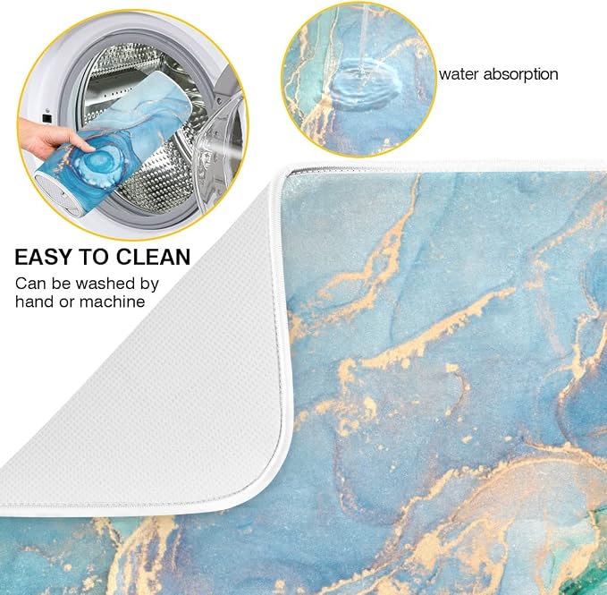 Marble Dish Drying Mat for Kitchen Counter Blue Teal Turquoise Gold Drying Mat - Image 4