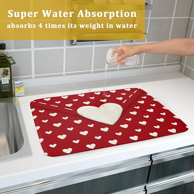 Valentines Day Dish Drying Mat for Kitchen Counter 18x24 Cream Red Love Heart - Image 7