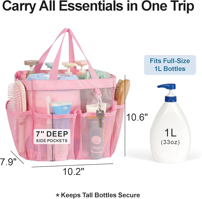 F-color Mesh Shower Caddy Portable, Upgrade Deeper 7 Pockets Shower Bag Basket - Image 3