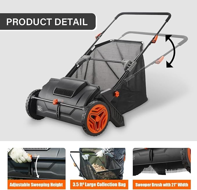 Hand Push Lawn Sweeper, 3.5 cu. ft. Large Mesh Collection Hopper Bag, 2 - Image 7