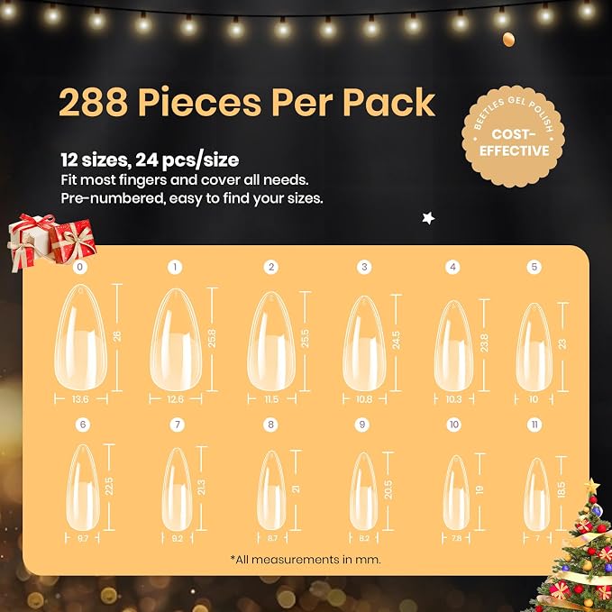 Beetles Gel Nail Tips Medium Almond Etch X, 12 Sizes 288 PCS Half Matte Full - Image 3