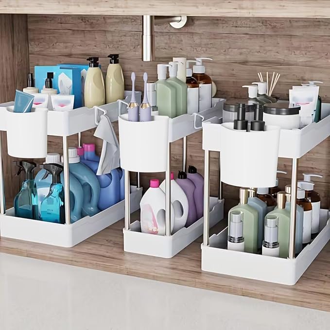 3 Pack Under Sink Organizers and Storage, 2 Tier Bathroom Cabinet Organizer by Unknown