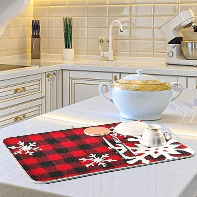 Christmas Red Plaid Snow Snowflake Dish Drying Mat 16x18 inch Red Black Lattice - Image 6