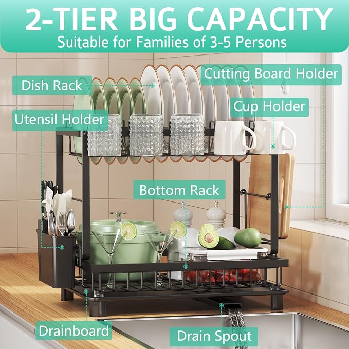 Dish Drying Rack, 2 Tier Space-Saving Dish Rack - Image 2