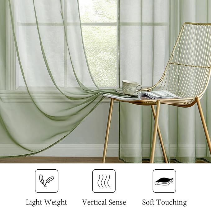 MIULEE 2 Panels Sage Green Sheer Curtains 96 inches Long Window Curtains Rod Pocket Elegant Window Voile Panels/Drapes/Treatment for Bedroom Living Room (54X96 Inches)