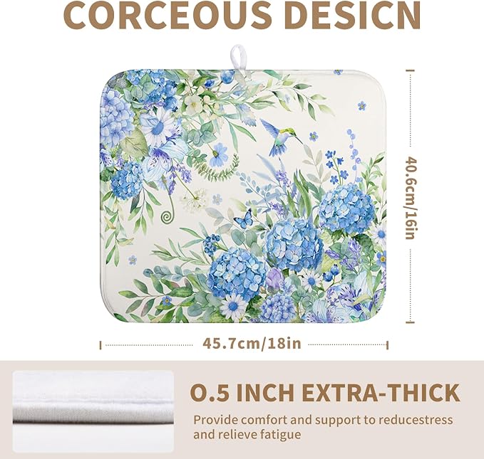Blue Hydrangea Dish Drying Mat for Kitchen Counter 16 x 18 Inch Spring Floral - Image 2