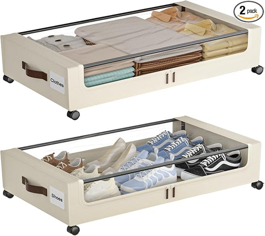 Under Bed Storage with Wheels, XXL 60L Under Bed Storage Containers with Clear by Gofujuco