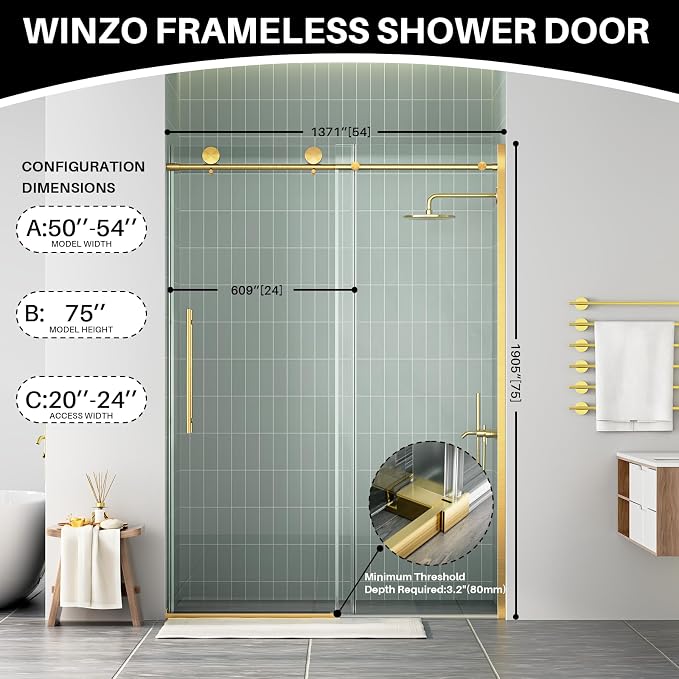 WinZo Frameless Shower Door 50-54 in W x 75 in H, Sliding Shower Door - Image 8