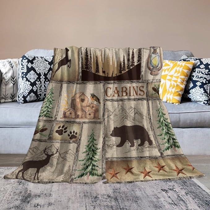 Rustic Cabin Bear Blanket, Lake Country Lodge Bear Deer Forest Farmhouse Camp Print Soft Warm Cozy Lightweight Decorative Blanket for Couch Bed Sofa Travel, 50"x60"