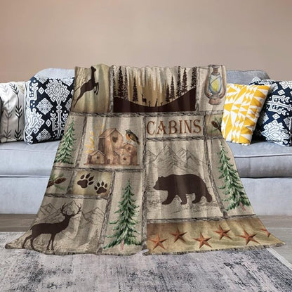 Rustic Cabin Bear Blanket, Lake Country Lodge Bear Deer Forest Farmhouse Camp Print Soft Warm Cozy Lightweight Decorative Blanket for Couch Bed Sofa Travel, 50"x60"