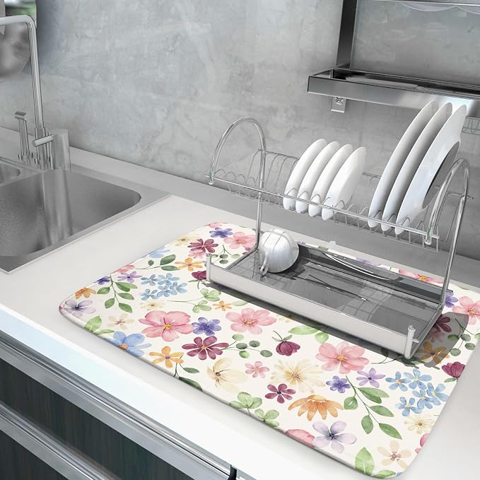Spring Floral Dish Drying Mat for Kitchen Counter 18x24 Easter Green Pink - Image 5
