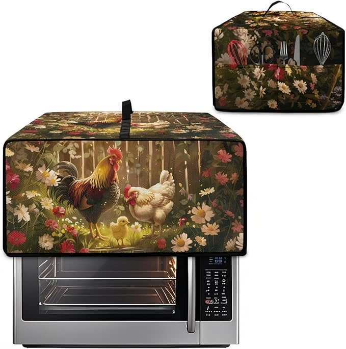 Air Fryer Toaster Oven Dust Cover with Side Pockets, Protective Countertop Microwave Oven Cover for Home Indoor Decor, S, 14.5 x 18.5 x 9 Inches, Rooster Chicken Daisy Print