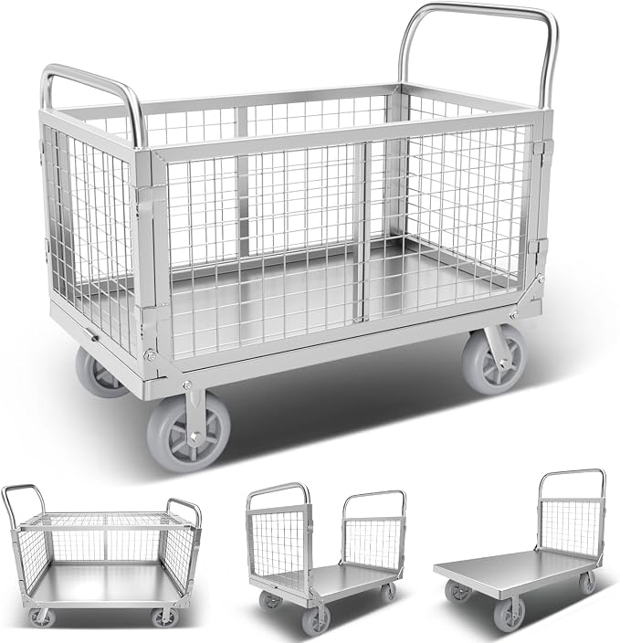 Platform Truck Cart with Cage, 6 in1 Foldable Flatbed Cart Heavy Duty Push Cart by Warmyou