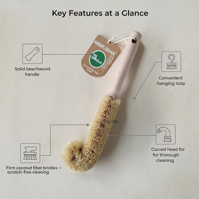 Bottle Brush Cleaner, Long Beech Wood Handle Non-Scratch, L-Shape - Image 3