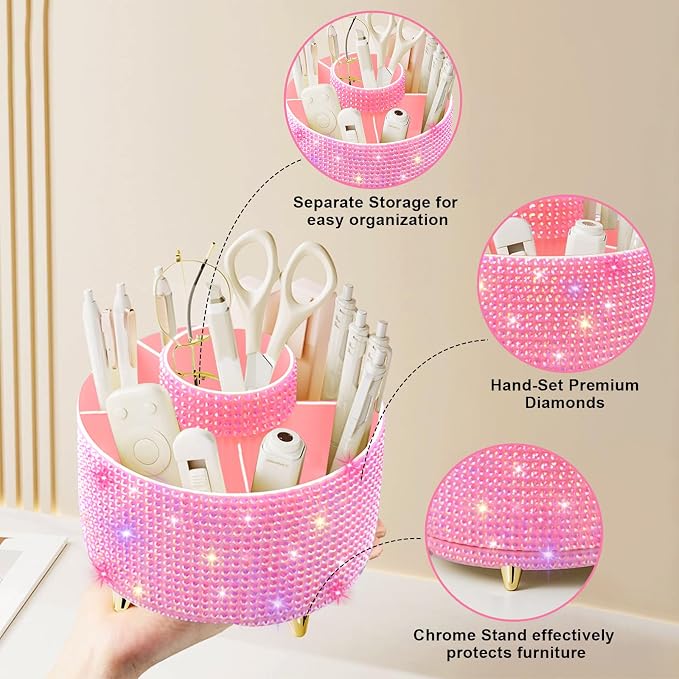Diesisa Bling Diamond 360° Makeup Brush Holder Organizer, Rotating Makeup Brush - Image 4