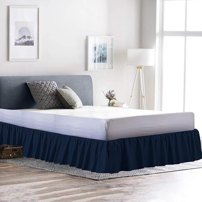 Ruffled Bed Skirt (Olympic Queen, Navy Blue) 18 Inch Drop Dust Ruffle with Platform, 100% Cotton 600 Thread Count Fabric, Gathered Styling, Available in All Bed Sizes and 23 Colors - Bedskirt
