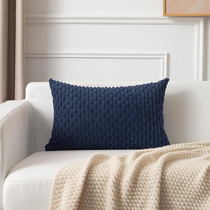 Kevin Textile 14x24 Inch Pillow Cover 1 Pack Boho Decorative Soft Striped Corduroy Lumbar Farmhouse Color Accent Rectangle Cushion Case for Living Room Couch Sofa Bed, Navy Blue