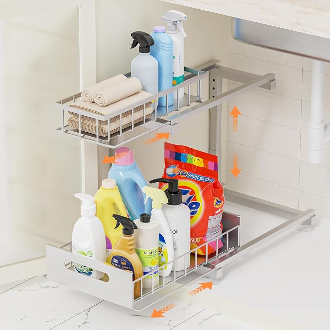 Under Sink Organizer Storage 2-Tier Heavy Duty Metal Pull Out Cabinet Organizer by Toyear