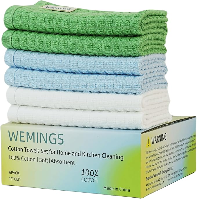 Cotton Dishcloths Set for Home and Kitchen Cleaning- 12x12 Inches Pack of 6- by Wemings