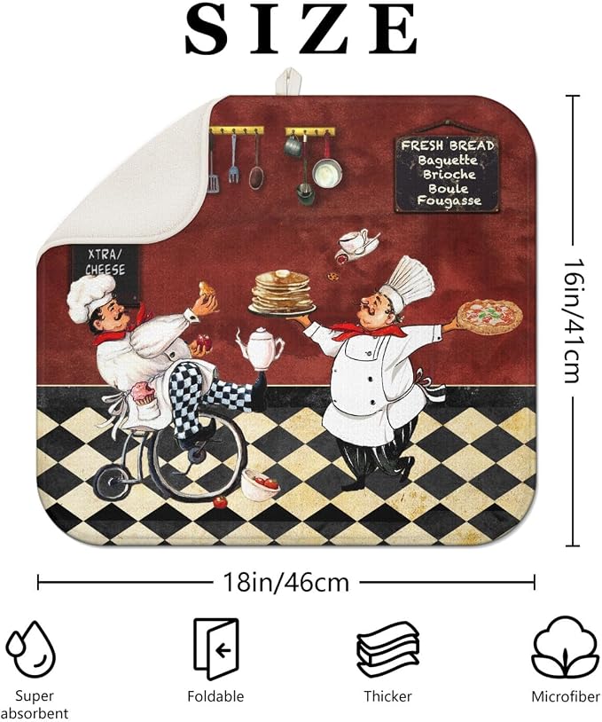 Chef Dish Drying Mat For Kitchen Counter, Italian Wine Red Fat Chef Microfiber - Image 2