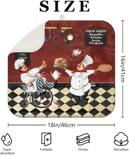 Chef Dish Drying Mat For Kitchen Counter, Italian Wine Red Fat Chef Microfiber - Image 2