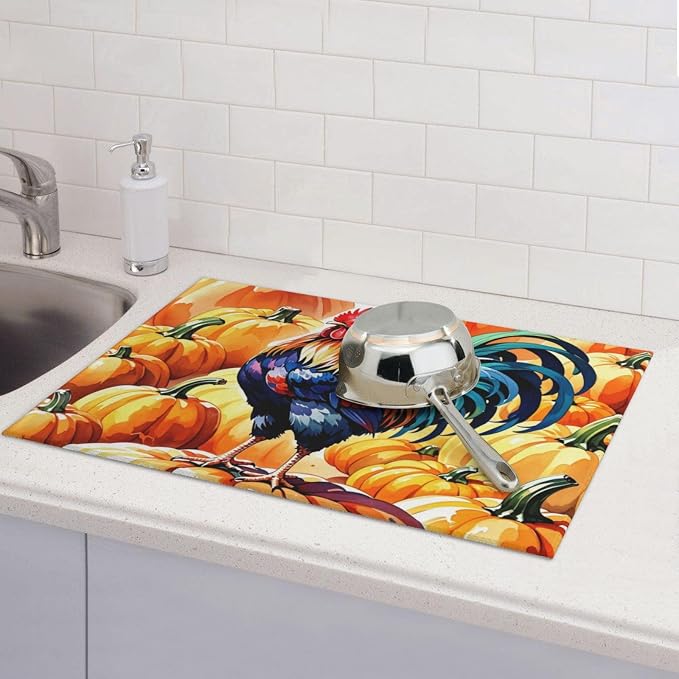 Rooster Pumpkin Dish Drying Mat Highly Absorbent Double-Sided Microfiber - Image 3