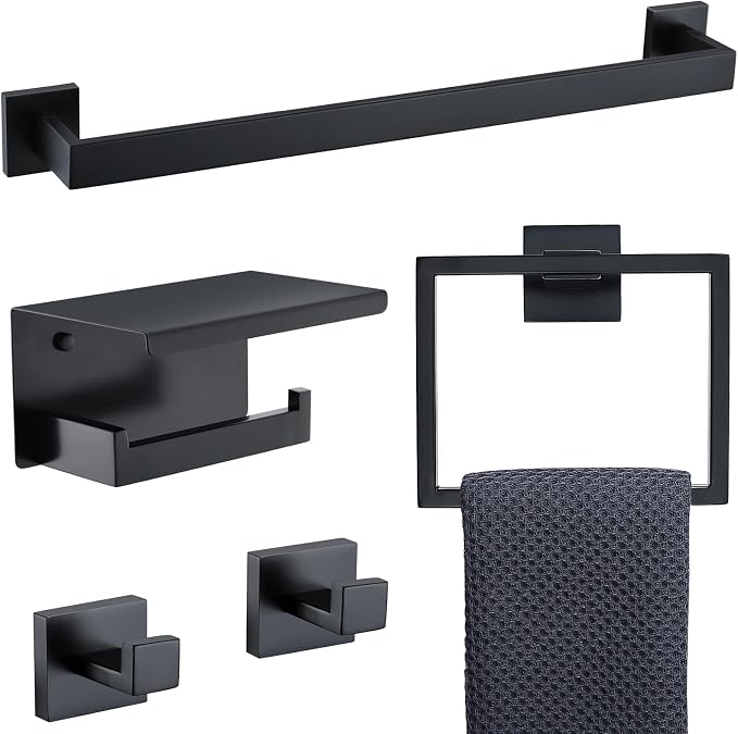 TNOMS Black Towel Bar Set 5-Piece Bathroom Hardware Set Including 23.6 Inch by TNOMS