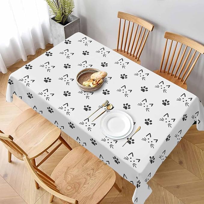 Cat Faces and Paws Rectangular Tablecloth Cartoon Cute Footprint 52x70 Table - Image 3