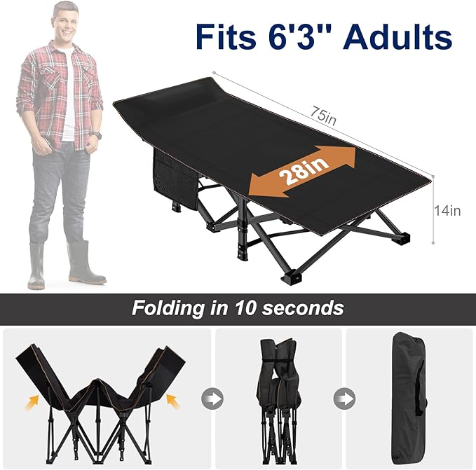 ABORON Camping Cot for Adult 28" Extra Wide, 2PK Heavy-Duty 1200D Oxford Cot for Sleeping, Portable Folding Camp Bed with Mat & Carry Bag