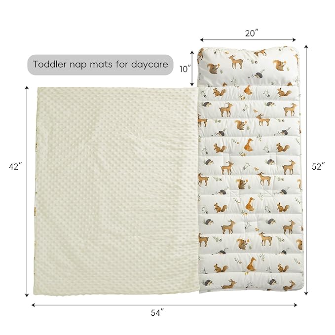david's kids Toddler Nap Mat with Pillow and Minky Fleece Blanket, Ultra Soft Slumber Bags for Kids, Perfect for Preschool, Daycare, Kids Sleeping Bags with Rollup Design, 50"x20", Woodland Animals