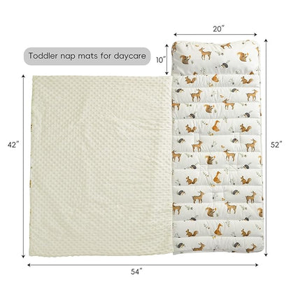 david's kids Toddler Nap Mat with Pillow and Minky Fleece Blanket, Ultra Soft Slumber Bags for Kids, Perfect for Preschool, Daycare, Kids Sleeping Bags with Rollup Design, 50"x20", Woodland Animals