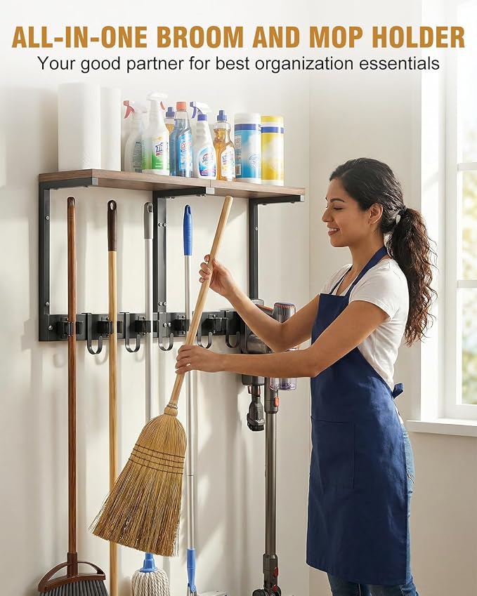 Broom Holder Wall Mount with Top Wooden Shelf, Heavy Duty Metal Cleaning - Image 2