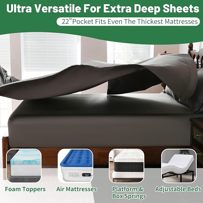 Extra Deep Pocket King Sheets 18-24 Inch 100% Egyptian Cotton 1000 Thread Count Sateen Weave Soft Breathable 4 Pieces（King，Dark Grey）