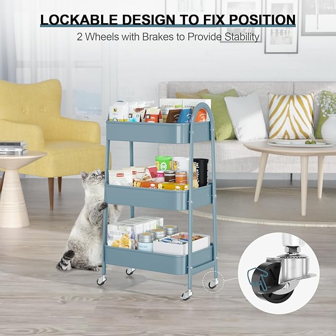3 Tier Utility Rolling Cart, EAGMAK Metal Storage Cart - Image 4