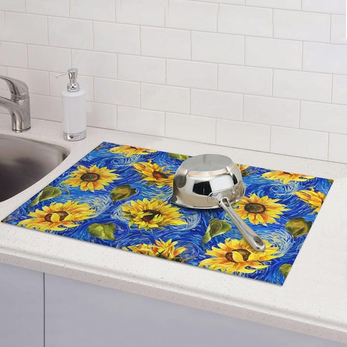 Starry Night Sunflower Blue Dish Drying Mat - Image 7