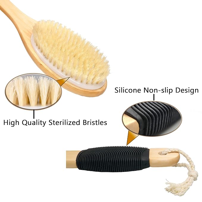 OWIIZI Bath Brush Wooden Curved Long Handle Antiskid Shower Brush - Image 3