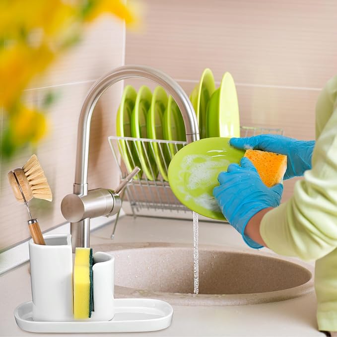 Geelin 3 in 1 Ceramic Kitchen Sink Caddy Dish Sponge Holder Scrub Brush Holder - Image 4