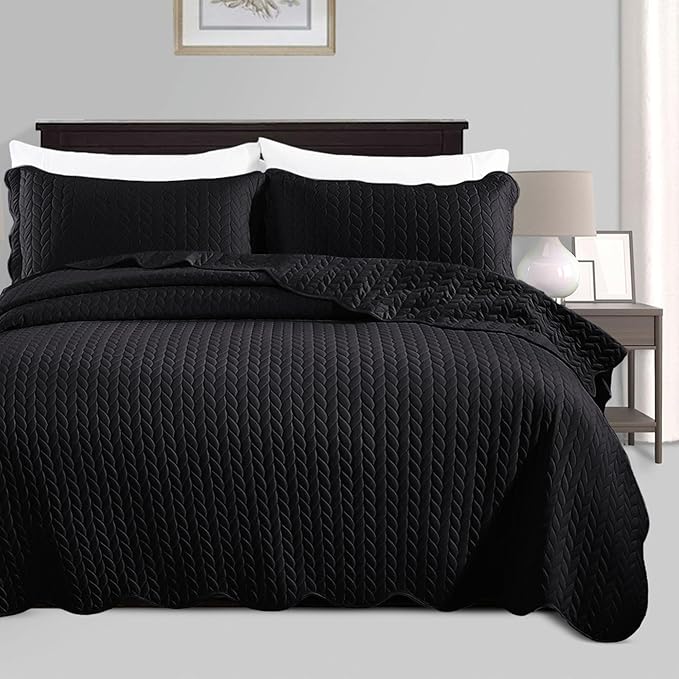 IR Imperial Rooms King Quilt Bedding Set Size (106" x 96") + 2 Pillow Shams (20" x 36"+ 2") - 3 Pcs All Season Lightweight Reversible Microfiber Coverlet Embossed Quilt Bedspread (Black)