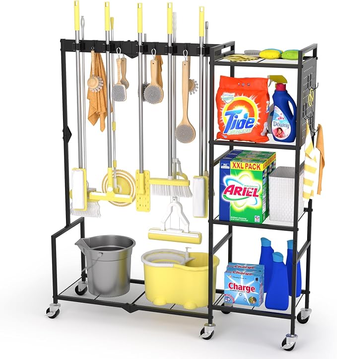 46" H Broom Holder with Cleaning Supplies Organizer, Mop Rack Storage with - Image 8