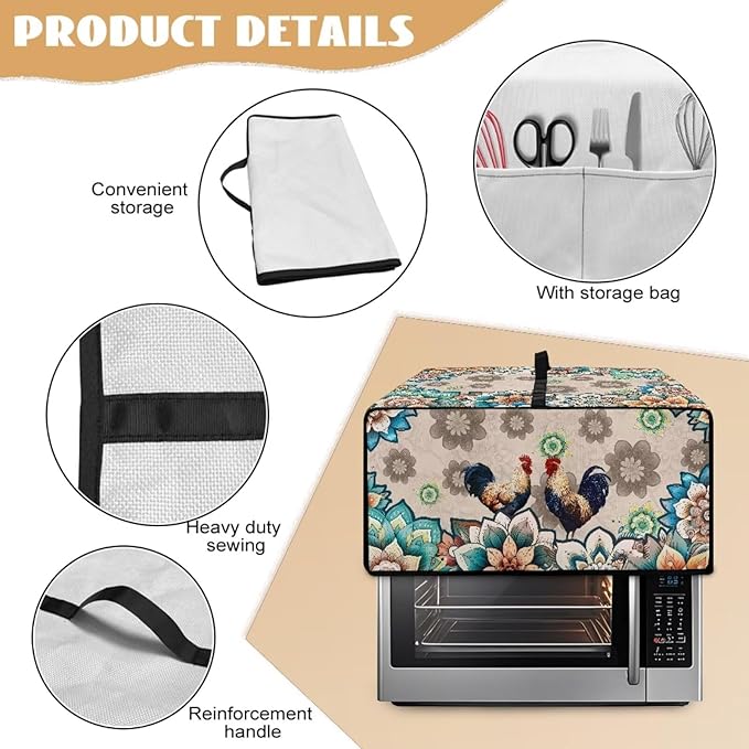 Rooster Boho Mandala Floral Print Microwave Oven Dust Cover Polyester-Linen Fabric Microwave Oven Cloth Cover Universal Case Protections Protector with Storage Bags, M