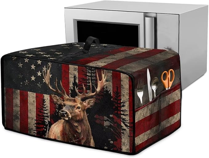 Vintage Deer Elk Print Microwave Oven Cover Waterproof Dust Cover for Microwave Oven American Flag Forest Print Universal Small Appliance Dust Covers Dirt and Fingerprint Protection, S