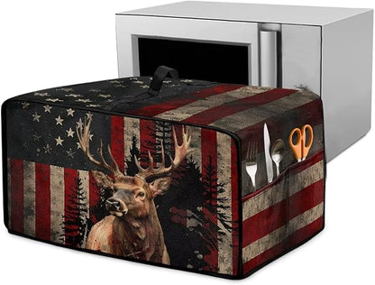 Vintage Deer Elk Print Microwave Oven Cover Waterproof Dust Cover for Microwave Oven American Flag Forest Print Universal Small Appliance Dust Covers Dirt and Fingerprint Protection, S