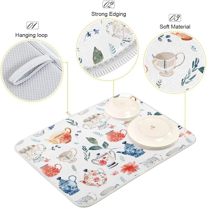Watercolor Tea Cups Teapots Dish Drying Mat - Image 4