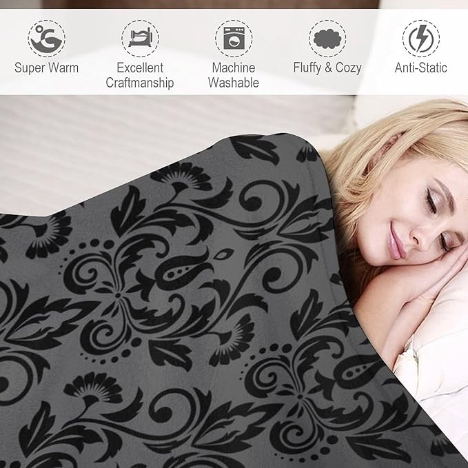 Black Damask Blanket, Antique Victorian Style Gothic Vintage Black Floral Bohemian Exotic Print Blanket for Sofa Bed Decor Fuzzy Blanket Twin, 40"x50"