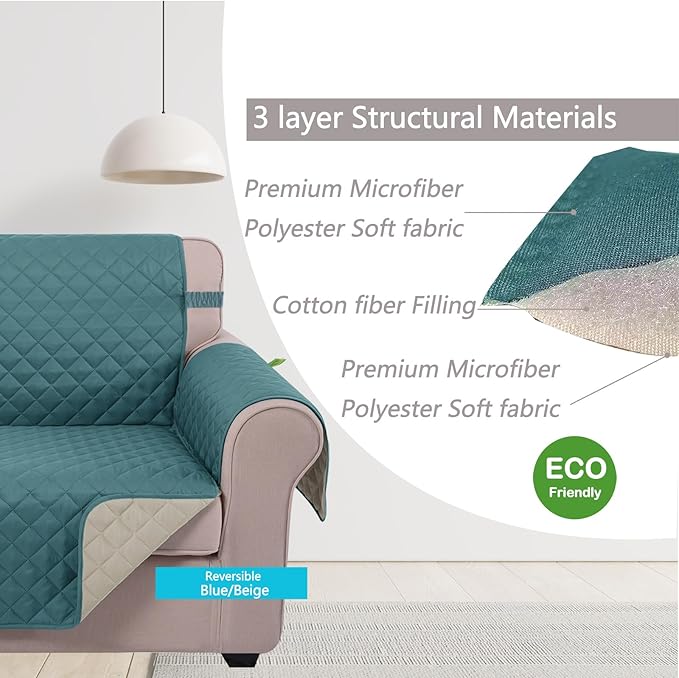 U-NICE HOME Loveseat Sofa Cover Reversible Couch Covers for 2 Cushion Couch for Dogs Furniture Protector Cover with Elastic Straps Water Resistant(Loveseat Small, Blue/Beige)